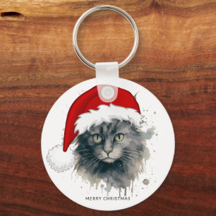 サンタ帽子のメリークリスマスの水彩猫 キーホルダー