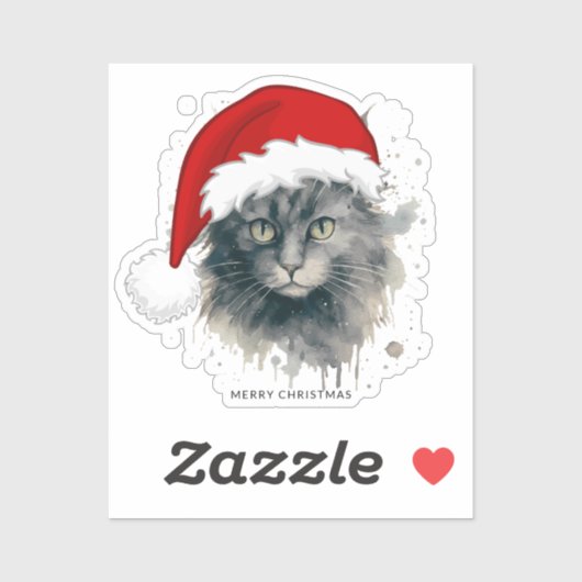 サンタ帽子のメリークリスマスの水彩猫 シール (シート)