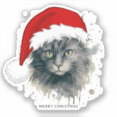 サンタ帽子のメリークリスマスの水彩猫 シール (正面)