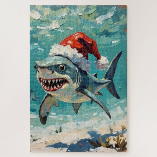 サンタ帽子のヴィンテージシャーク クリスマスアート ジグソーパズル (縦)