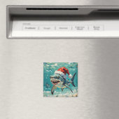 サンタ帽子のヴィンテージシャーク クリスマスアート マグネット (インサイチュ (食洗機))