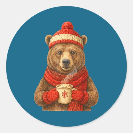 サンタ帽子の可愛いクマの冬のコーヒー愛好家  冗談 ラウンドシール (正面)