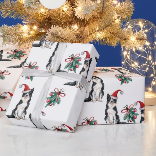 サンタ帽子の可愛いクリスマスドッグHolly Berry ラッピングペーパー (クリスマス)