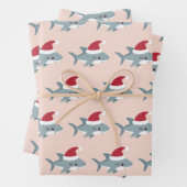 サンタ帽子の可愛いサメライトピンクのクリスマス ラッピングペーパーシート (インサイチュ)