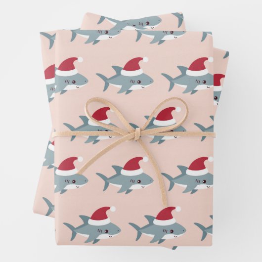 サンタ帽子の可愛いサメライトピンクのクリスマス ラッピングペーパーシート (インサイチュ)