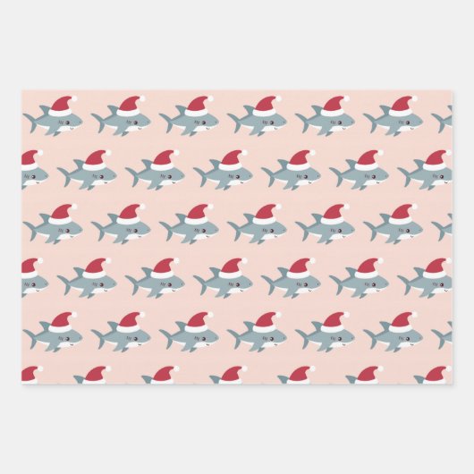 サンタ帽子の可愛いサメライトピンクのクリスマス ラッピングペーパーシート (正面)