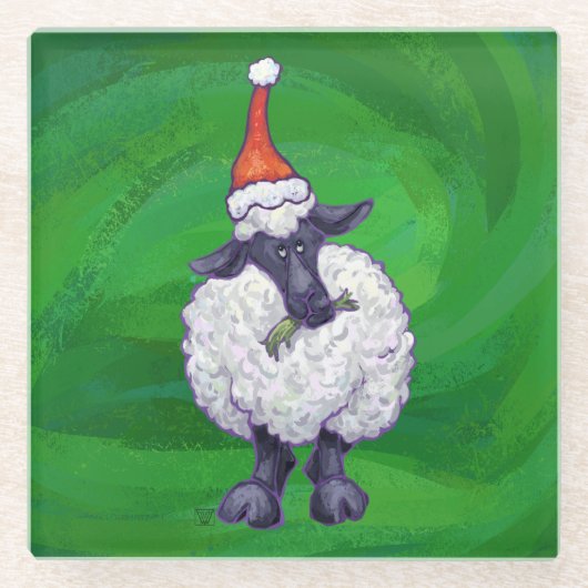 サンタ帽子の可愛い羊オングリーン ガラスコースター (正面)