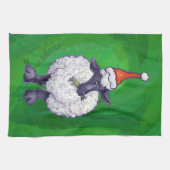 サンタ帽子の可愛い羊オングリーン キッチンタオル (横)