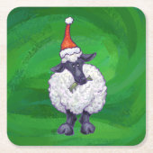 サンタ帽子の可愛い羊オングリーン スクエアペーパーコースター (正面)