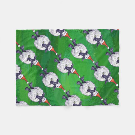 サンタ帽子の可愛い羊オングリーン フリースブランケット (正面(横))