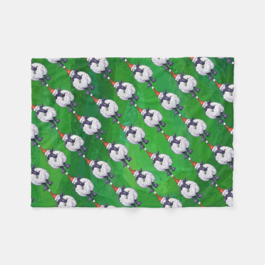 サンタ帽子の可愛い羊オングリーン フリースブランケット (正面(横))