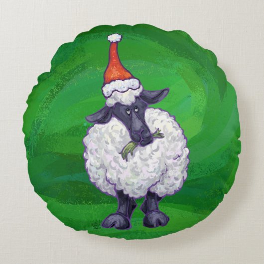 サンタ帽子の可愛い羊オングリーン ラウンドクッション (正面)