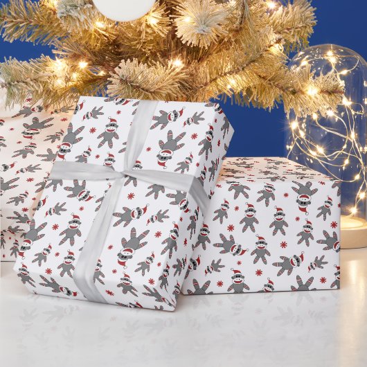 サンタ帽子の小さな靴下のサル クリスマス ラッピングペーパー (クリスマス)