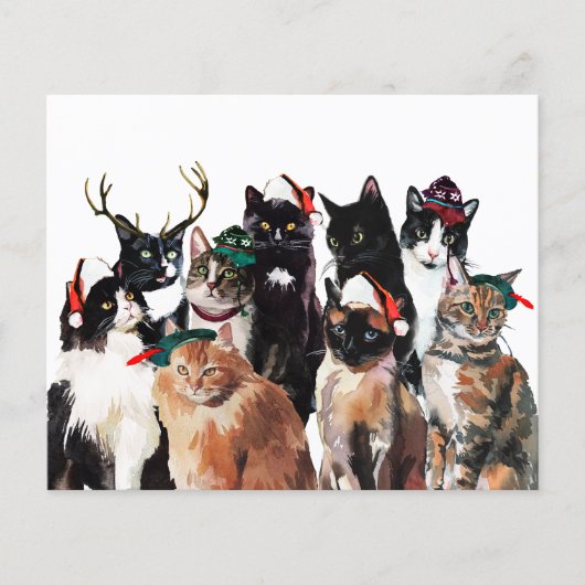 サンタ帽子の水彩猫クリスマスカード (正面)