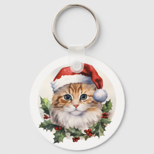 サンタ帽子の水色かわいいクリスマス猫 キーホルダー