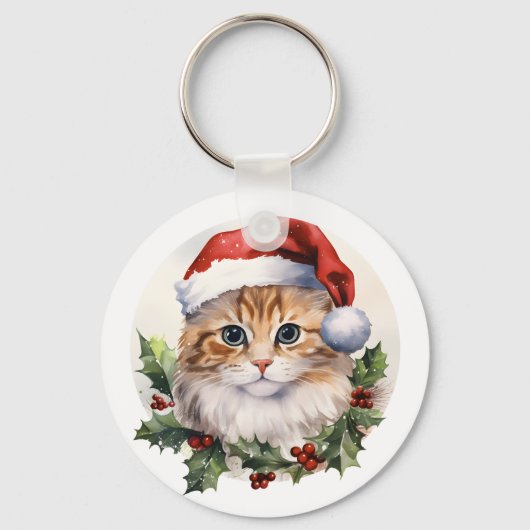 サンタ帽子の水色かわいいクリスマス猫 キーホルダー (正面)