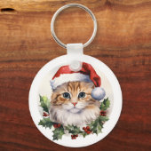 サンタ帽子の水色かわいいクリスマス猫 キーホルダー (正面)