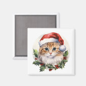 サンタ帽子の水色かわいいクリスマス猫 マグネット (正面/裏面)