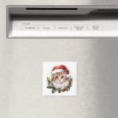 サンタ帽子の水色かわいいクリスマス猫 マグネット (インサイチュ (食洗機))