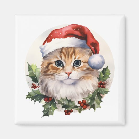 サンタ帽子の水色かわいいクリスマス猫 マグネット (正面)