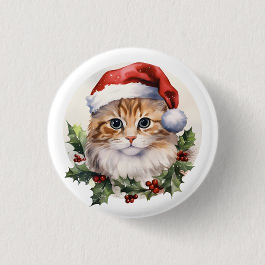 サンタ帽子の水色かわいいクリスマス猫 缶バッジ (正面)