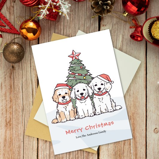 サンタ帽子の犬たち ウォーターカラークリスマス シーズンカード