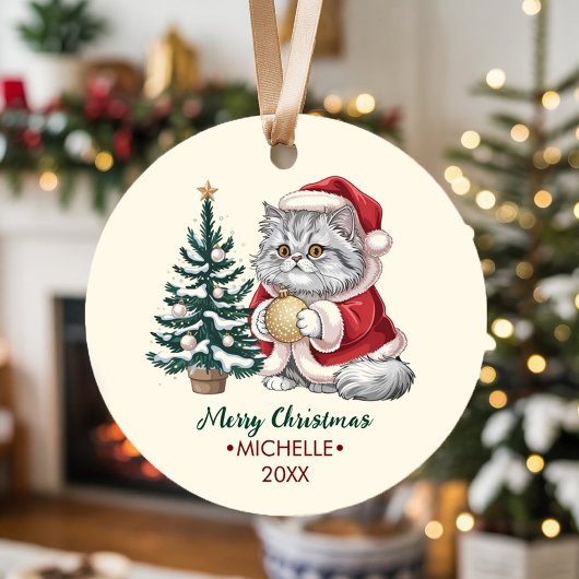 サンタ帽子の猫のクリスマスツリー オーナメント 名前入り
