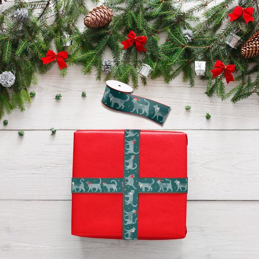 サンタ帽子の猫ティール（緑がかった色）水彩リボン サテンリボン