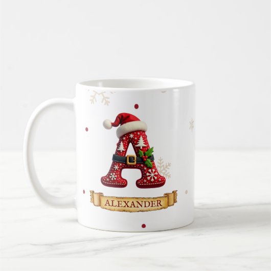 サンタ帽子の赤いクリスマス文字 A 名前 コーヒーマグカップ (左)