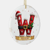 サンタ帽子の赤いクリスマス文字 W 名前 セラミックオーナメント (右)