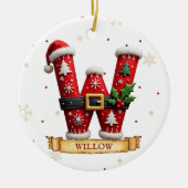 サンタ帽子の赤いクリスマス文字 W 名前 セラミックオーナメント (正面)