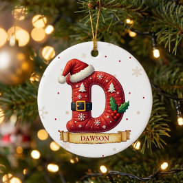 サンタ帽子の赤いクリスマス文字D 名前 セラミックオーナメント