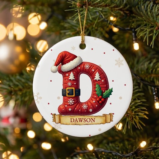 サンタ帽子の赤いクリスマス文字D 名前 セラミックオーナメント