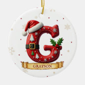 サンタ帽子の赤いクリスマス文字G名前 セラミックオーナメント (正面)