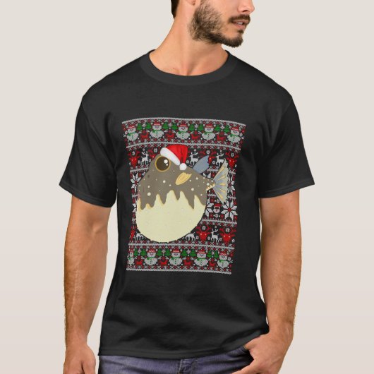 サンタ帽子の醜いクリスマスセーターふふぐ魚の恋人 Tシャツ (正面)