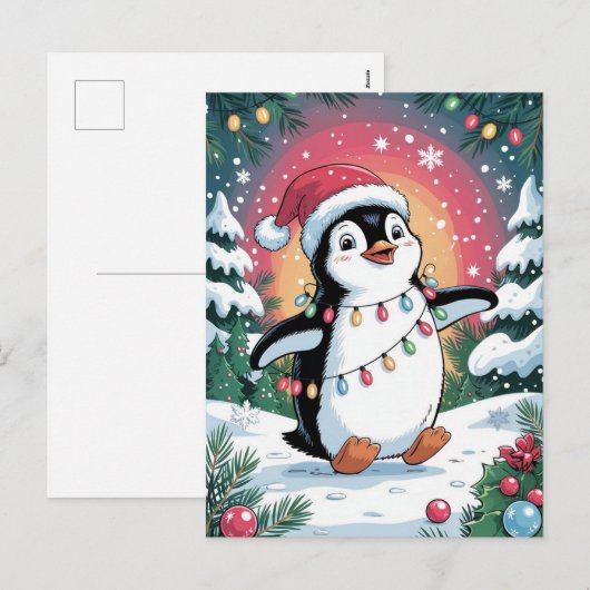 サンタ帽子の雪景色の冬のかわいいペンギン クリスマス (正面/裏面)