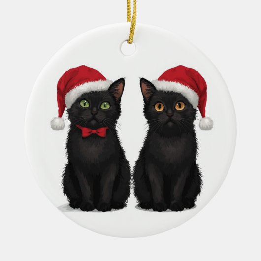 サンタ帽子の黒猫2匹 クリスマス セラミックオーナメント (正面)