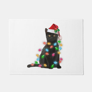 サンタ帽子の黒猫 クリスマス ライト ドアマット