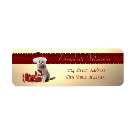 サンタ帽子をかぶったおしゃれな猫,クリスマスプレゼント ラベル (正面)