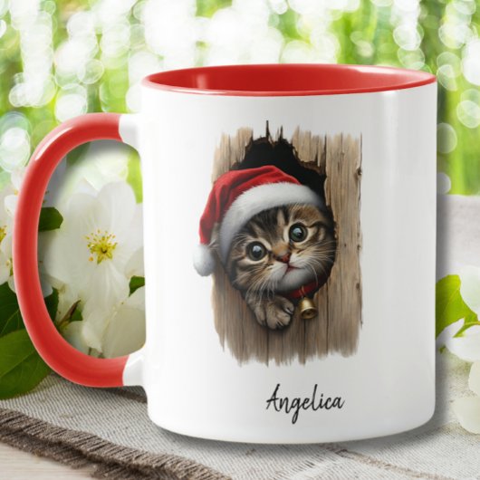 サンタ帽子をかぶったかわいいクリスマスカスタム覗き猫 マグカップ