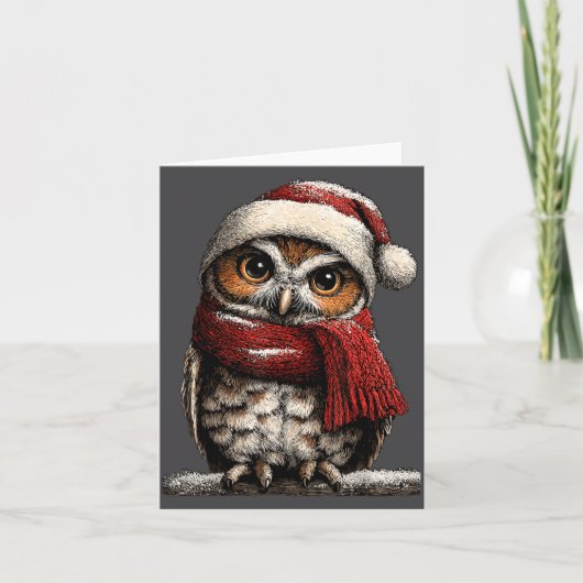サンタ帽子をかぶったかわいいフクロウの冬 クリスマス カード (正面)