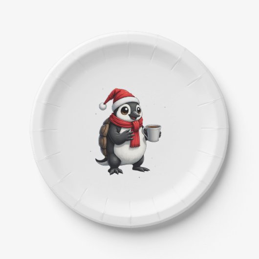 サンタ帽子をかぶったカメのコーヒー好き クリスマスのユーモア ペーパープレート (正面)