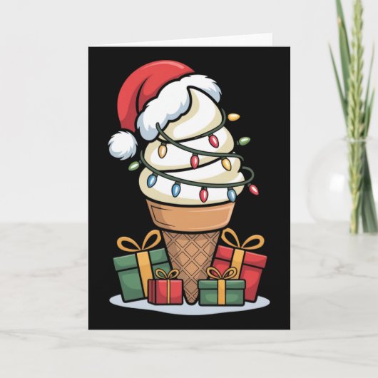 サンタ帽子をかぶったクリスマスライトアイスクリームコーンのデザイン カード (正面)