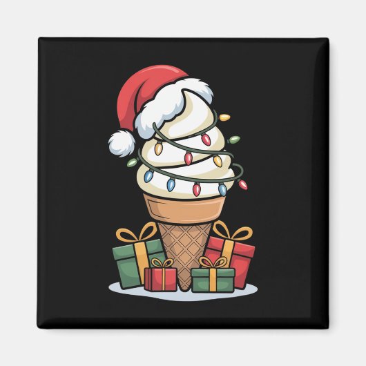 サンタ帽子をかぶったクリスマスライトアイスクリームコーン マグネット (正面)