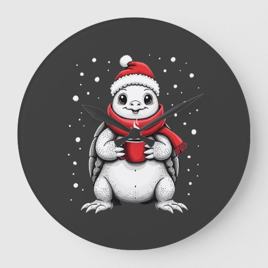 サンタ帽子をかぶったクリスマス亀 コーヒー好き おもしろTシャツ ラージ壁時計 (正面)