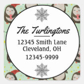 サンタ帽子をかぶったハッピーペンギンとイヤーマフ スクエアシール (正面)