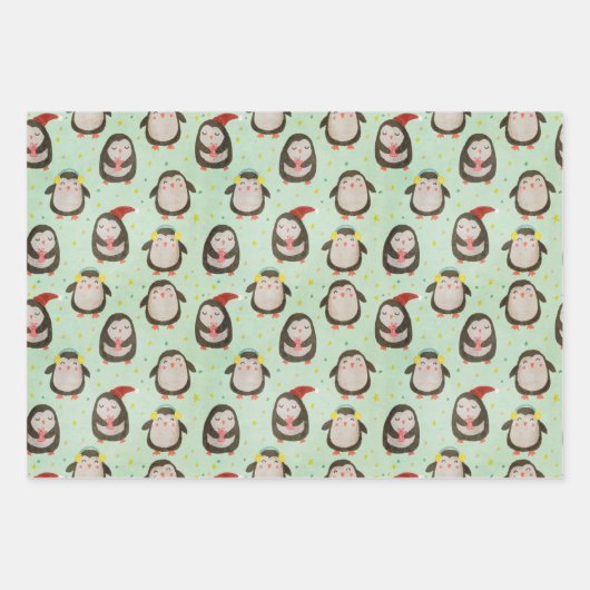 サンタ帽子をかぶったハッピーペンギンとイヤーマフ ラッピングペーパーシート (正面)