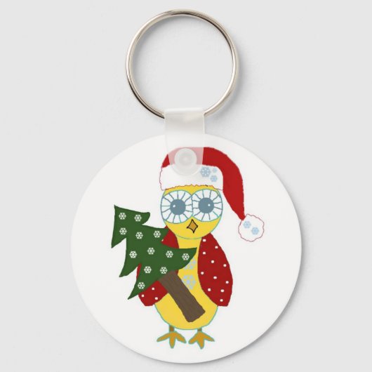 サンタ帽子をかぶったフクロウとクリスマスツリー キーホルダー (正面)