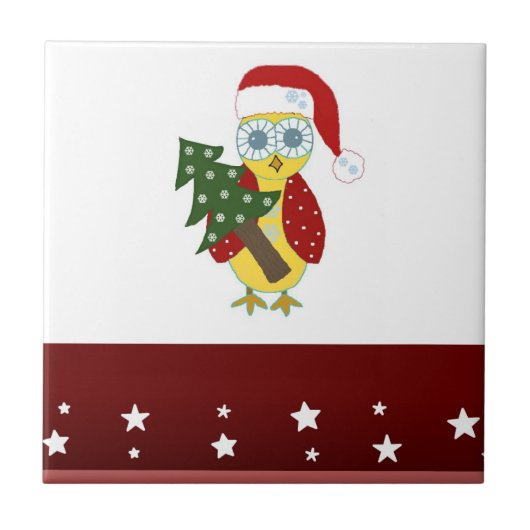サンタ帽子をかぶったフクロウとクリスマスツリー タイル (正面)