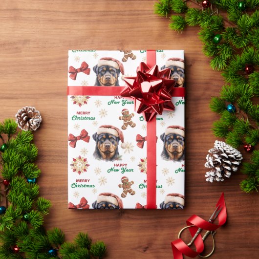 サンタ帽子をかぶったロットワイラー クリスマス ラッピングペーパー (クリスマスギフト)